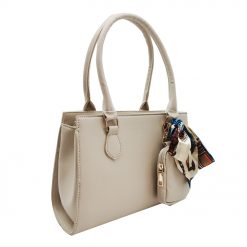 Faux Leather Shoulder Bag With A Scarf – Beige